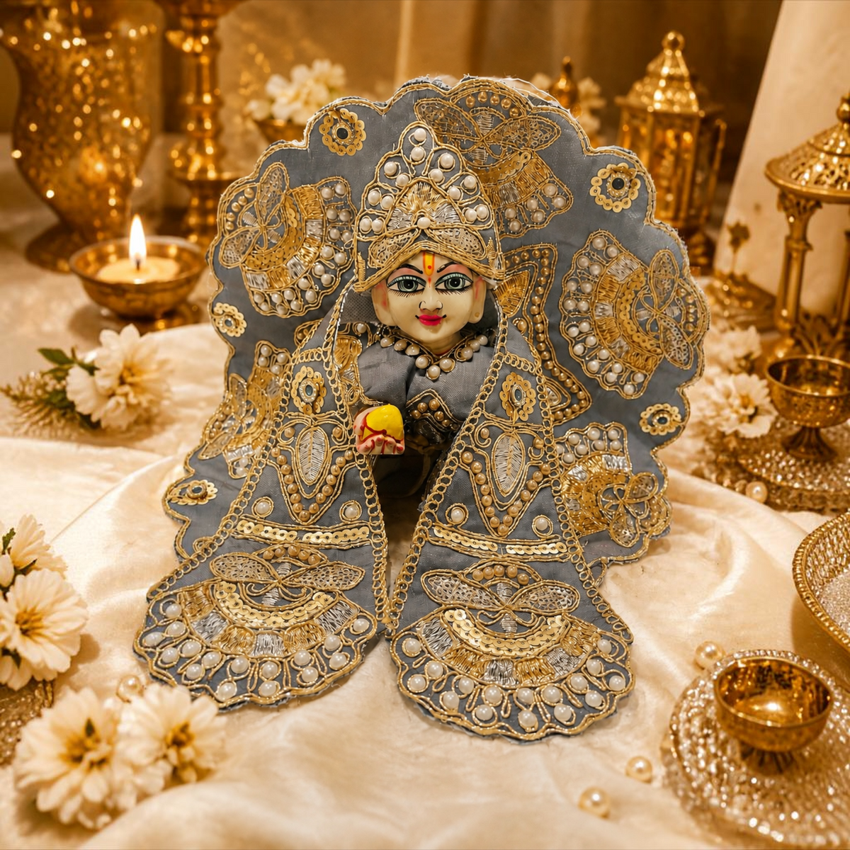 Heavy Designer Dress with Stickable Designer Mukut for Laddu Gopal Ji | Premium Shringar Outfit Set - Grey