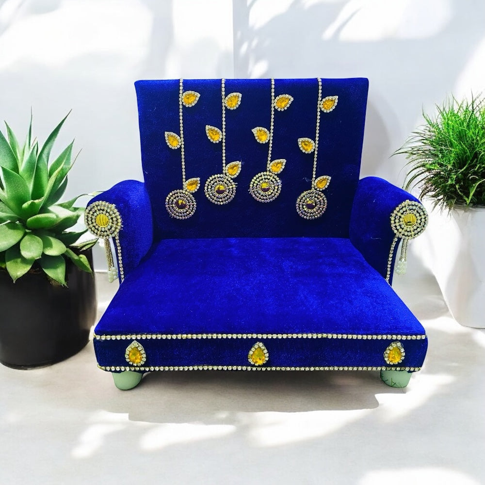 Blue Velvet Singhasan for Laddu Gopal Ji – Heavy Wooden Throne (10x8 Inch Designer Seat)