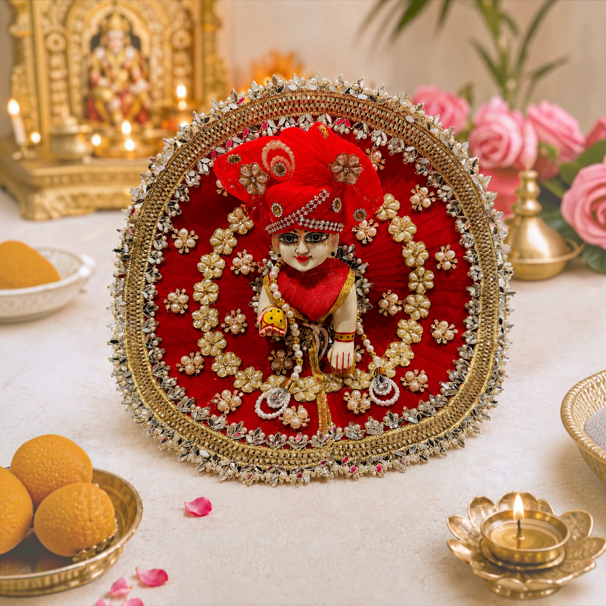 Heavy Designer Laddu Gopal Ji Dress – Stone Work, Handcrafted Embroidery & Pom Pom Decoration - Red