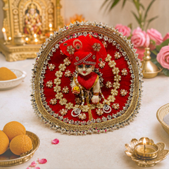 Heavy Designer Laddu Gopal Ji Dress – Stone Work, Handcrafted Embroidery & Pom Pom Decoration - Red