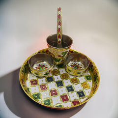 Decorated Meenakari Bhog Plate Set for Laddu Gopal Ji | Designer Thali with Bowls, Spoon & Glass