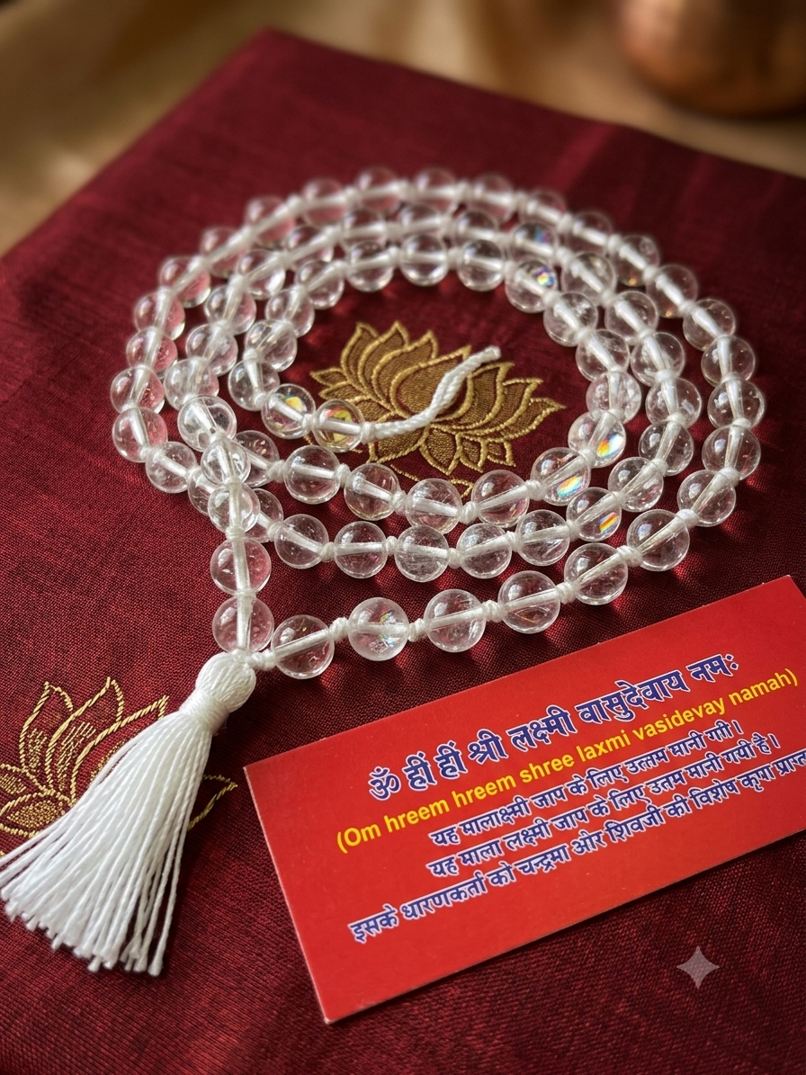 Natural Sphatik Mala (Quartz Crystal) – Sacred Crystal Japa Mala for Meditation, Mantra Chanting & Spiritual Harmony