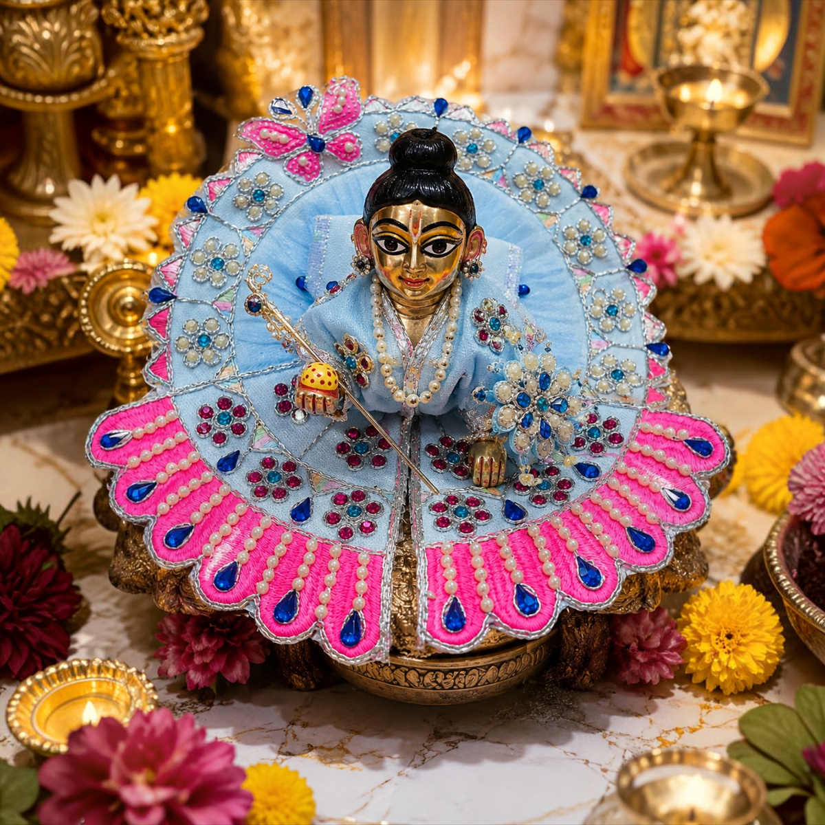 Premium Designer Laddu Gopal Ji Dress – Stone Work | Embroidery Brder | Washable Fabric - Sky Blue