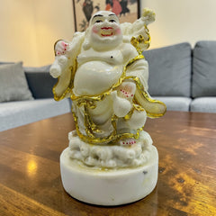 Elegant White & Gold Marble Laughing Buddha Statue (8 Inch) – Peaceful Home & Office Decor