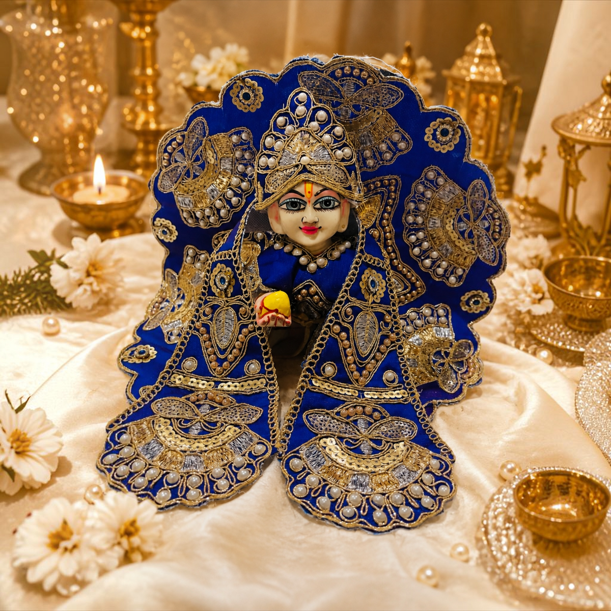 Heavy Designer Dress with Stickable Designer Mukut for Laddu Gopal Ji | Premium Shringar Outfit Set - Blue