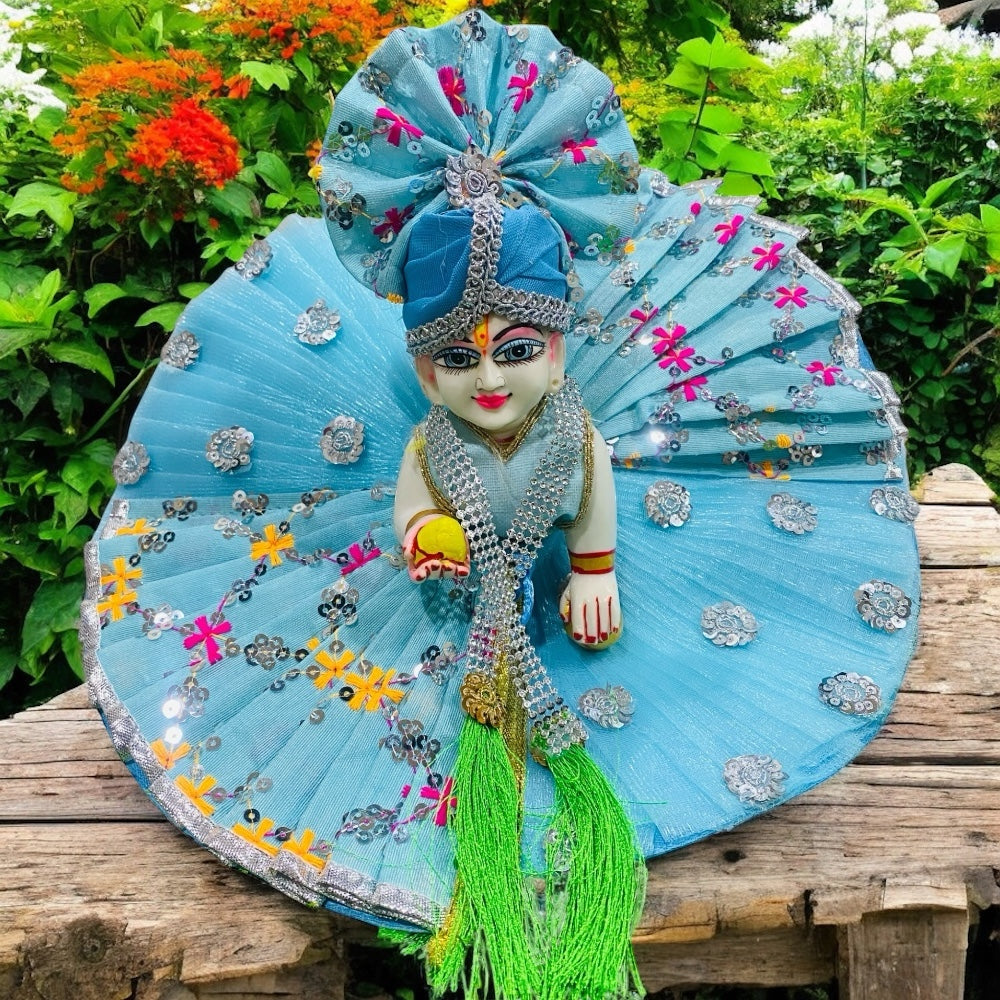 Sky Blue Laddu Gopal Ji Dress with Turban – Elegant Thread Work Design