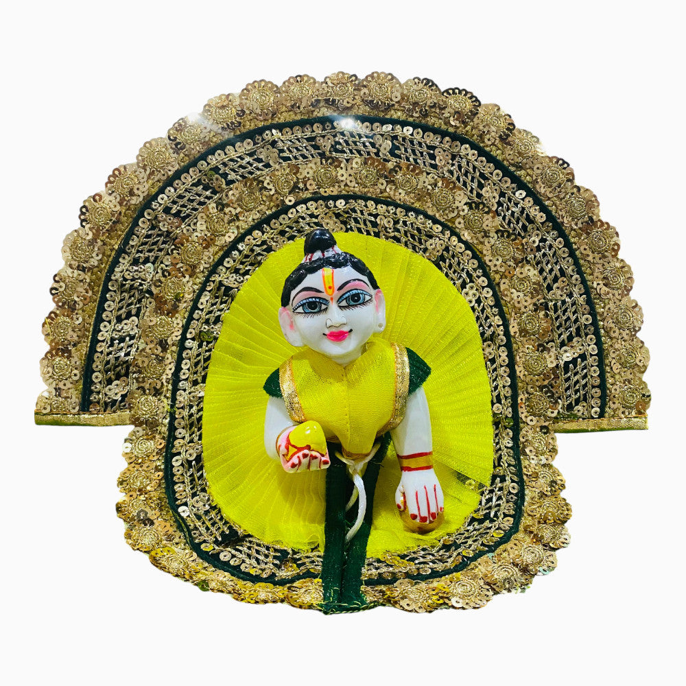 Lemon & Green Heavy Designer Laddu Gopal Ji Dress with Golden Lace & Pagdi